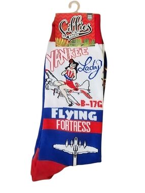 Sillies Socks Yankee Lady Flying Fortress Graphic Crew Socks, One Size. NWT